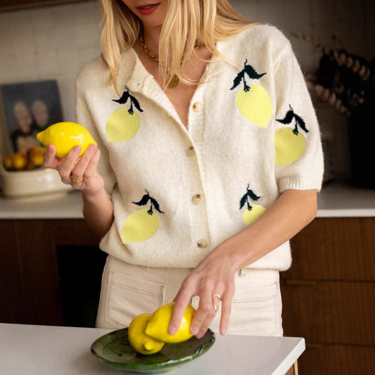 Mango Pattern Knitwear Casual Short Sleeve Button Sweater