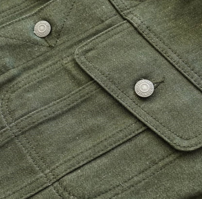 Vulkanisierter grüner Puree Denim Retro Workwear Reine Baumwollmantel Herren