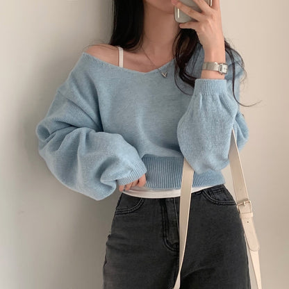 Herbst V-Ausschnitt Langarm Strickwaren Damen Lose Kurzpullover