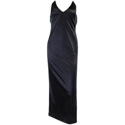 Vestido largo de satén para mujer, sexy, negro, sin espalda, con abertura, para fiesta, hombros descubiertos, cuello en V