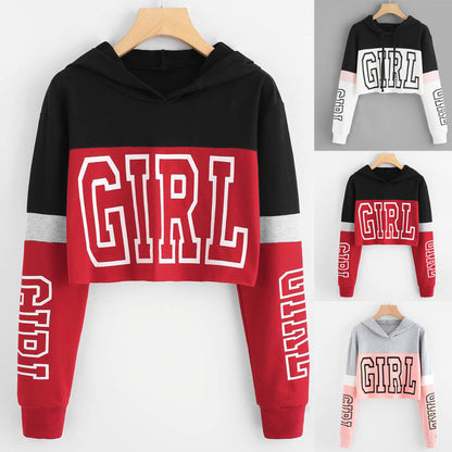 Sudadera con capucha y top corto para mujer, con retazos y letras