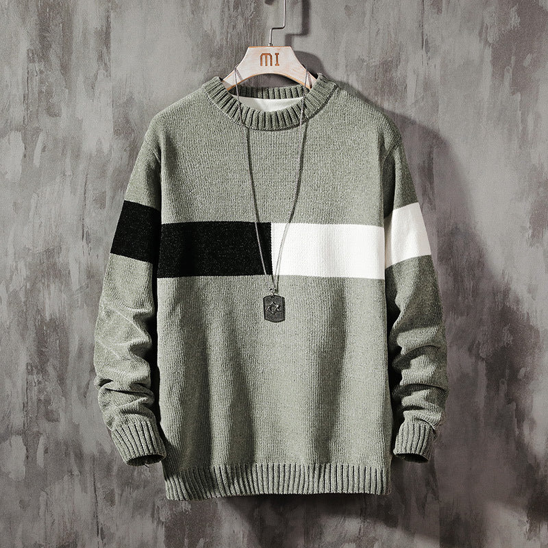 Loose Casual  Round Neck Pullover Korean Color Block Sweater