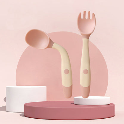 Cuchara de silicona para bebés, juego de utensilios auxiliares para alimentos, para aprender a comer, tenedor suave y flexible, vajilla para niños pequeños
