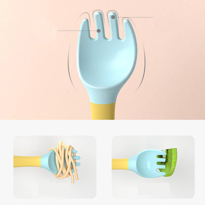 Cuchara de silicona para bebés, juego de utensilios auxiliares para alimentos, para aprender a comer, tenedor suave y flexible, vajilla para niños pequeños