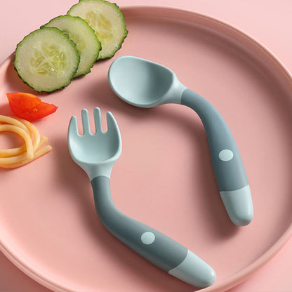 Cuchara de silicona para bebés, juego de utensilios auxiliares para alimentos, para aprender a comer, tenedor suave y flexible, vajilla para niños pequeños