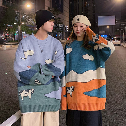 Men's Round Neck Sweater Cartoon Loose Lazy Style
