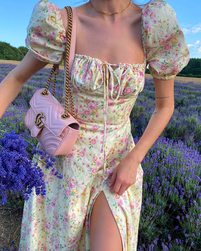 Vestido Yissang con estampado floral y mangas cortas abullonadas para mujer, vestido largo de fiesta con abertura alta, elegante con cordones