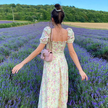 Vestido Yissang con estampado floral y mangas cortas abullonadas para mujer, vestido largo de fiesta con abertura alta, elegante con cordones