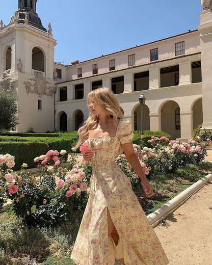 Vestido Yissang con estampado floral y mangas cortas abullonadas para mujer, vestido largo de fiesta con abertura alta, elegante con cordones