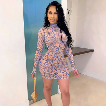 Simenual - Vestido ajustado de malla con estampado digital para mujer, manga larga, hebilla en los dedos, para fiesta, transparente, sexy, minivestidos para club