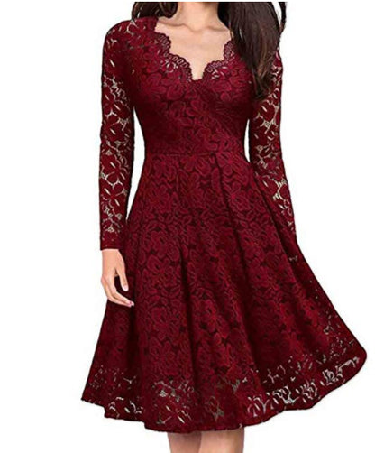 Vestidos de mujer con escote en V y hombros descubiertos, vestido de fiesta de noche de encaje, vestido de manga larga para primavera y otoño, Vestido de Invierno para mujer