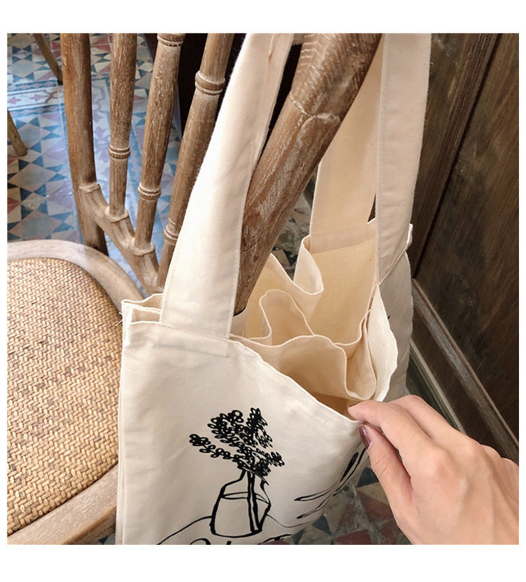 Lazy Style Ins Simple Camellia Line Shoulder Bag Canvas Bag Shopping Bag Female