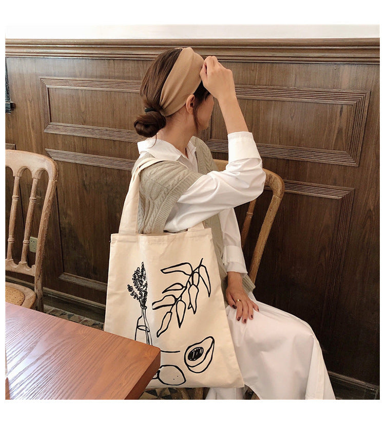 Lazy Style Ins Simple Camellia Line Shoulder Bag Canvas Bag Shopping Bag Female
