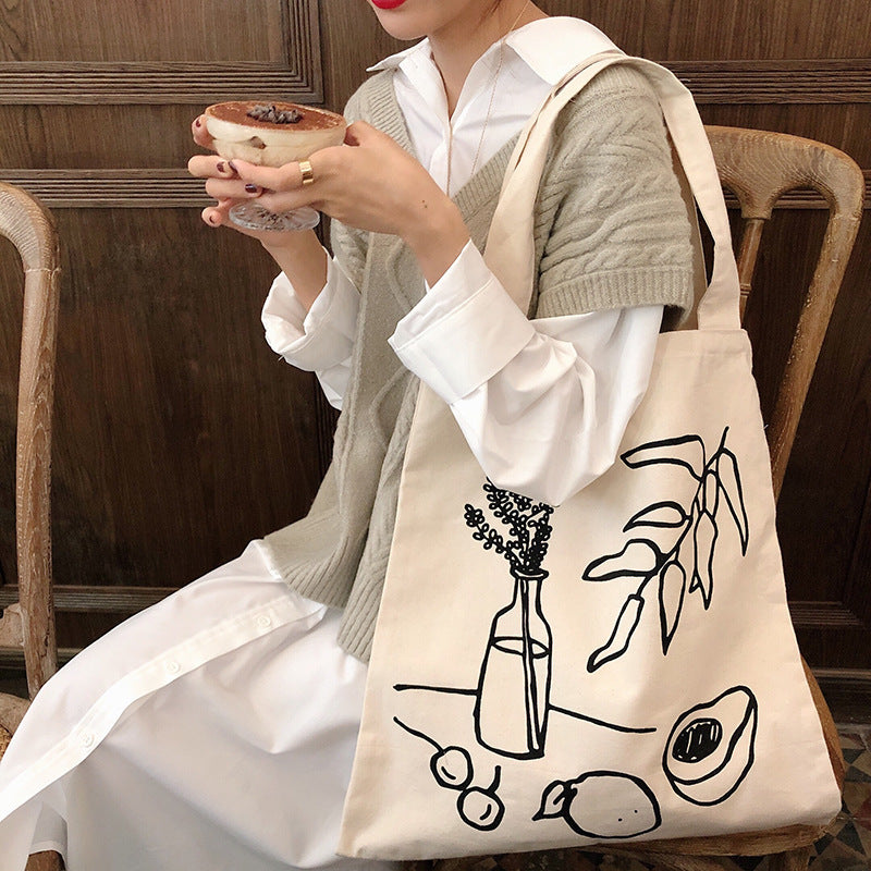 Lazy Style Ins Simple Camellia Line Shoulder Bag Canvas Bag Shopping Bag Female