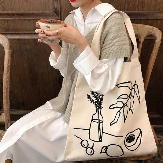Lazy Style Ins Simple Camellia Line Shoulder Bag Canvas Bag Shopping Bag Female