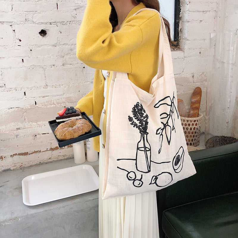 Lazy Style Ins Simple Camellia Line Shoulder Bag Canvas Bag Shopping Bag Female