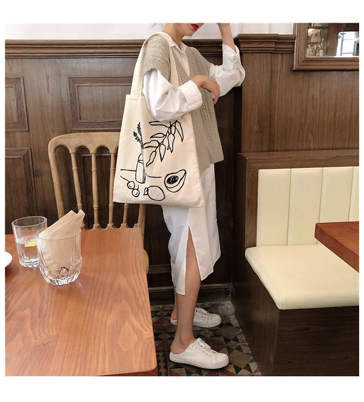 Lazy Style Ins Simple Camellia Line Shoulder Bag Canvas Bag Shopping Bag Female