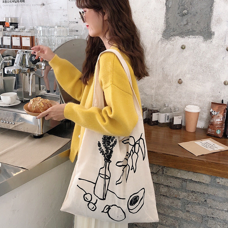 Lazy Style Ins Simple Camellia Line Shoulder Bag Canvas Bag Shopping Bag Female