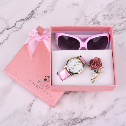 Damenuhren, Leder, Quarz-Armbanduhr, Sonnenbrille, Corsage, 3 Stück, Mädchen, Weihnachtsgeschenk, Neujahrsgeschenk, Damen-Geschenkbox