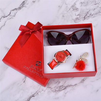 Damenuhren, Leder, Quarz-Armbanduhr, Sonnenbrille, Corsage, 3 Stück, Mädchen, Weihnachtsgeschenk, Neujahrsgeschenk, Damen-Geschenkbox