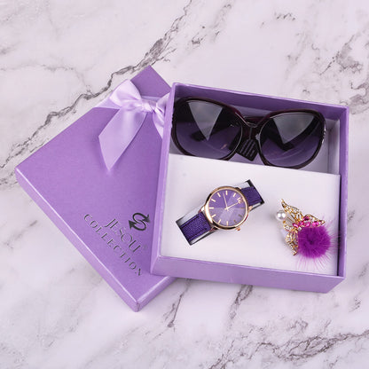 Damenuhren, Leder, Quarz-Armbanduhr, Sonnenbrille, Corsage, 3 Stück, Mädchen, Weihnachtsgeschenk, Neujahrsgeschenk, Damen-Geschenkbox