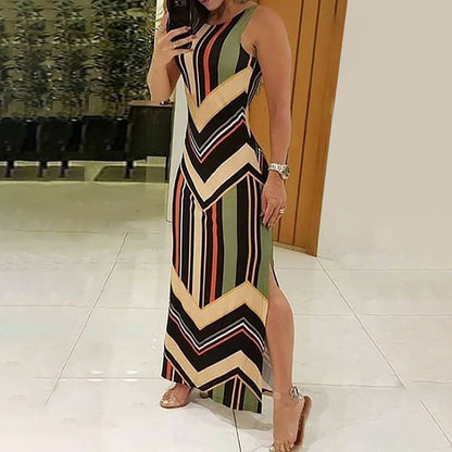 Vestido largo ajustado sin mangas con estampado de rayas de colores y abertura lateral para mujer