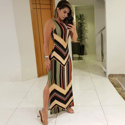 Vestido largo ajustado sin mangas con estampado de rayas de colores y abertura lateral para mujer