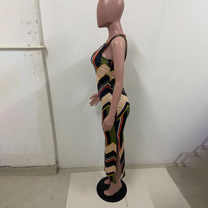 Vestido largo ajustado sin mangas con estampado de rayas de colores y abertura lateral para mujer