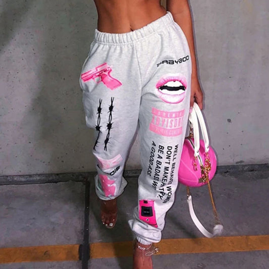 New Printed Fashion Elastic Waist Sports Casual Harem Pants Women