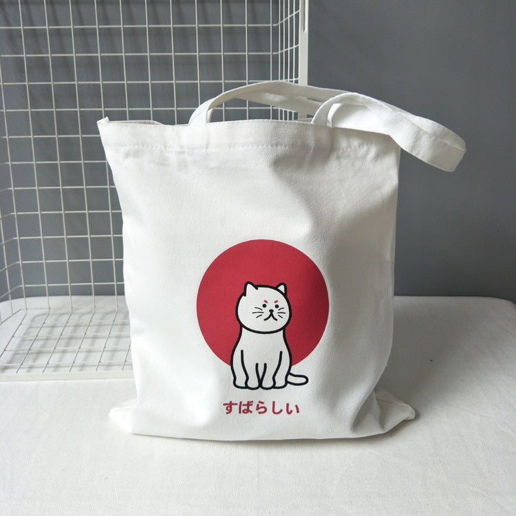 Large Women's Shopper Bag Canvas Tote Korean Shoulder Bags Cat Shopping Bag with Print Black Cloth Handbags Eco Friendly