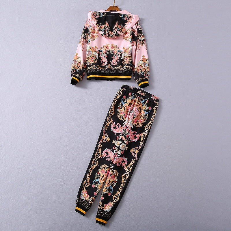 New Hooded Jacket Coat Thread Pants Print Fashion Suit Women