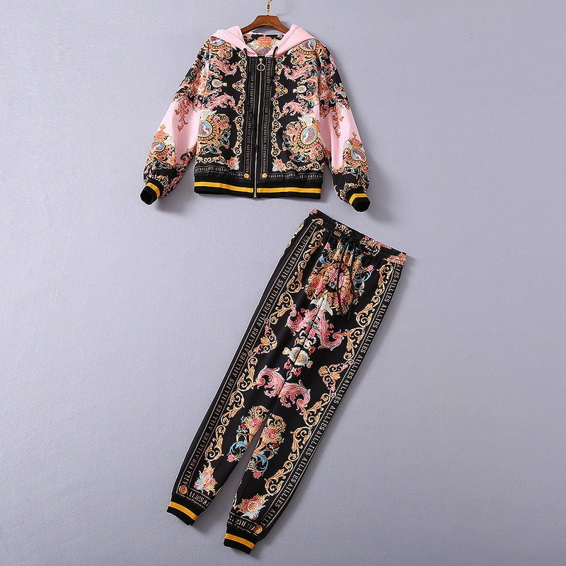 New Hooded Jacket Coat Thread Pants Print Fashion Suit Women