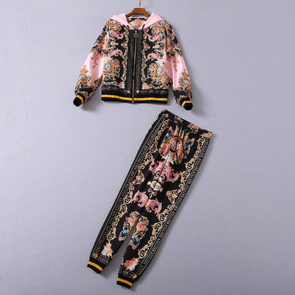 Neu Mit kapuze Jacke Mantel Gewinde Hosen Drucken Mode Anzug Frauen