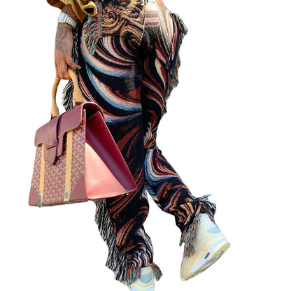 Pantalones casuales de terciopelo con flecos de color para mujer
