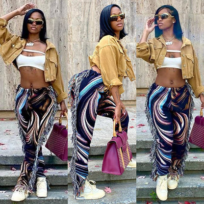 Pantalones casuales de terciopelo con flecos de color para mujer