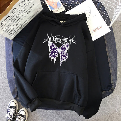 Sudadera con capucha oscura estilo punk con mariposas grandes de Harajuku