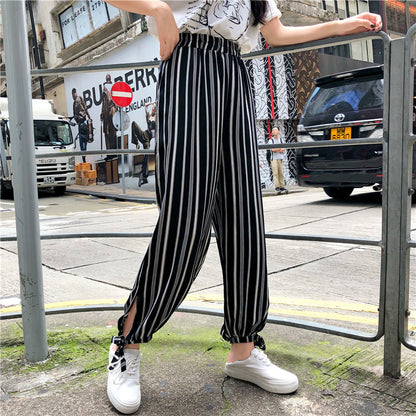 Pantalones bombachos de seda de hielo para mujer, pantalones de gasa finos y holgados de pierna ancha de verano