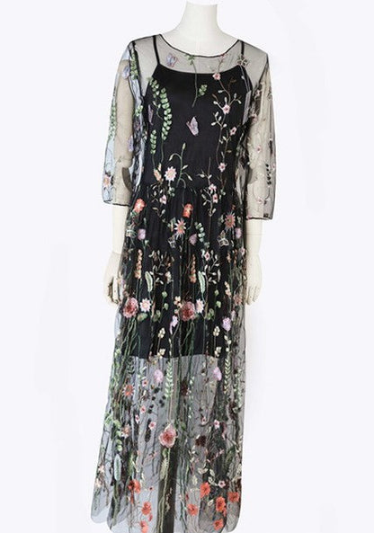 Vestido floral de fiesta para mujer, 2 piezas, estilo bohemio, de malla