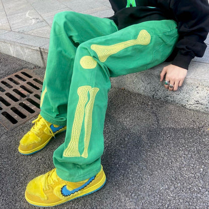 Street Green Embroidery Bone Loose Wash Denim Casual Pants Men