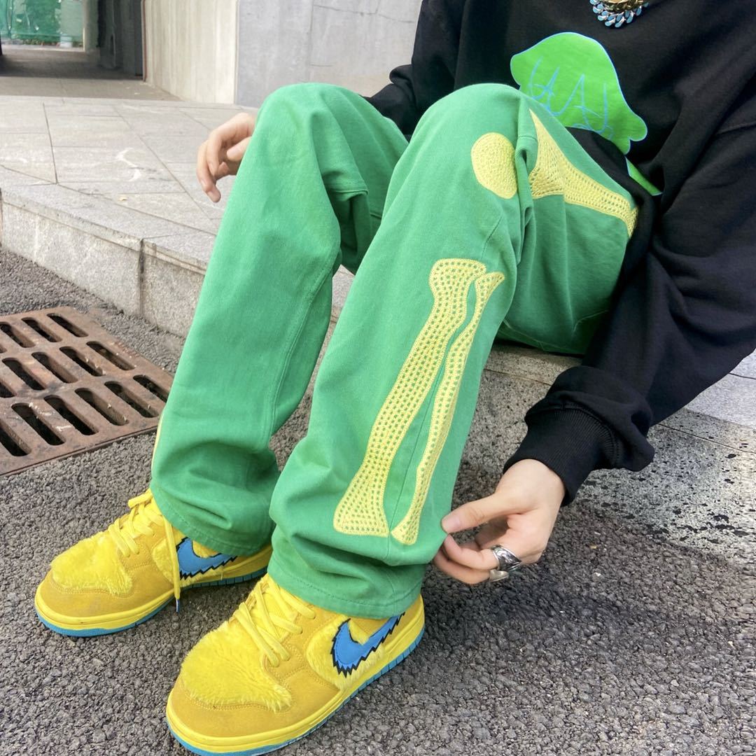 Street Green Embroidery Bone Loose Wash Denim Casual Pants Men