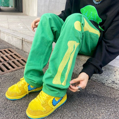 Street Green Embroidery Bone Loose Wash Denim Casual Pants Men