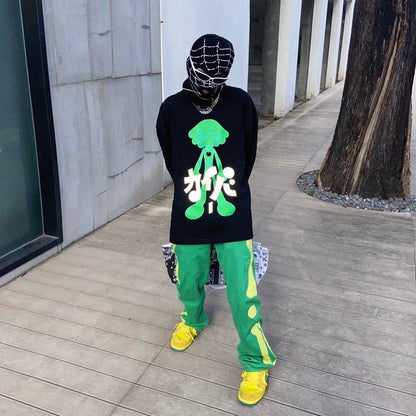 Street Green Embroidery Bone Loose Wash Denim Casual Pants Men