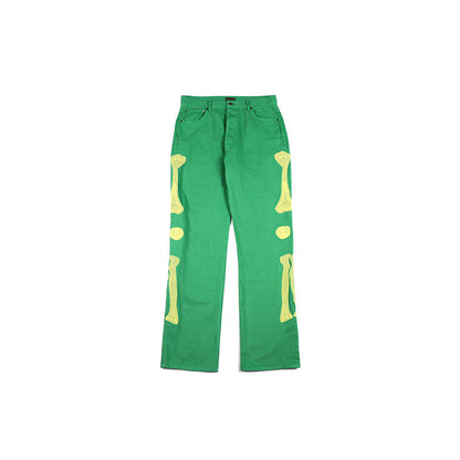 Street Green Embroidery Bone Loose Wash Denim Casual Pants Men