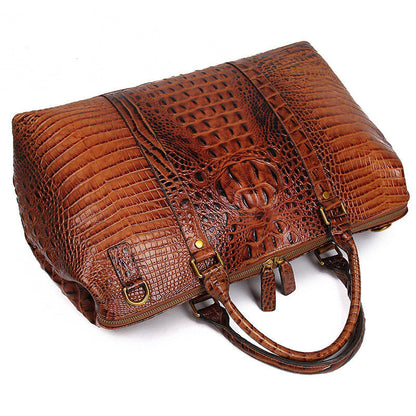 Bolsa de lona de piel auténtica con estampado de cocodrilo marrón