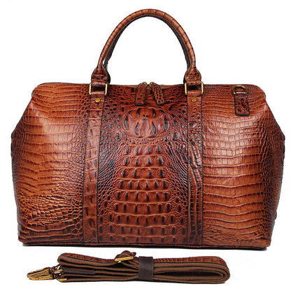 Bolsa de lona de piel auténtica con estampado de cocodrilo marrón