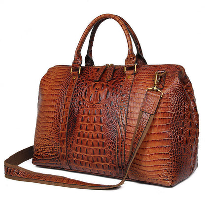 Bolsa de lona de piel auténtica con estampado de cocodrilo marrón