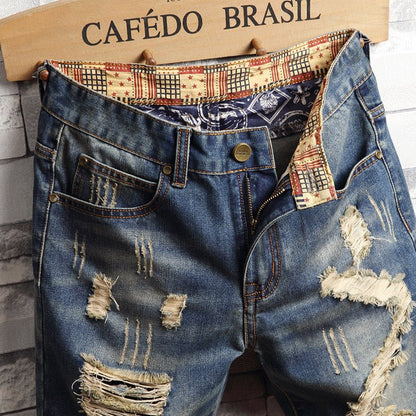 Trend big hole jeans short pants men''s summer Capris jeans pants pants beggars pants men''s Korean slim - BAGMODA