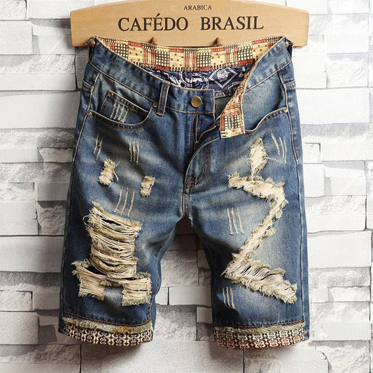 Trend big hole jeans short pants men''s summer Capris jeans pants pants beggars pants men''s Korean slim - BAGMODA