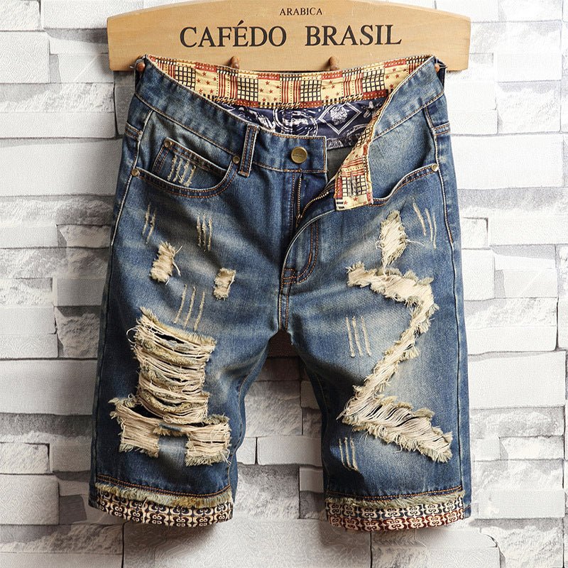 Trend big hole jeans short pants men''s summer Capris jeans pants pants beggars pants men''s Korean slim - BAGMODA