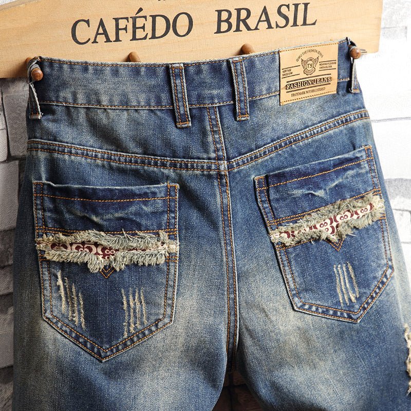 Trend big hole jeans short pants men''s summer Capris jeans pants pants beggars pants men''s Korean slim - BAGMODA